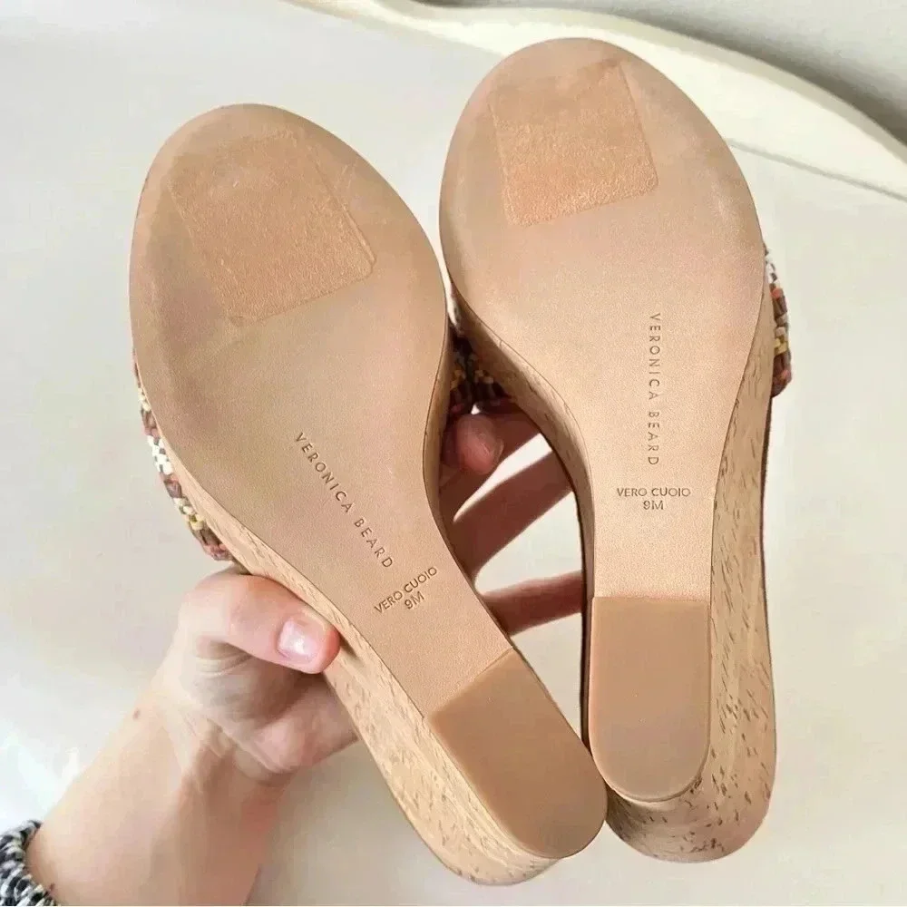 New W/ Box Veronica Beard Dali Multi Woven Raffia Leather Cork Wedge Sandal 9